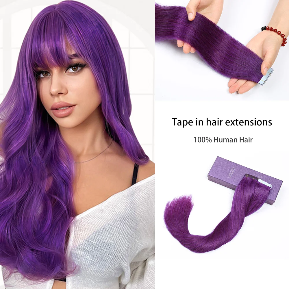 Лента для наращивания волос 100% невидимые двухсторонние волосы фиолетового цвета и красочные волосы для женщин 14-24 дюйма Лента для наращивания волос 100% невидимые двухсторонние волосы фиолетового цвета и красочные волосы для женщин 14-24 дюйма
