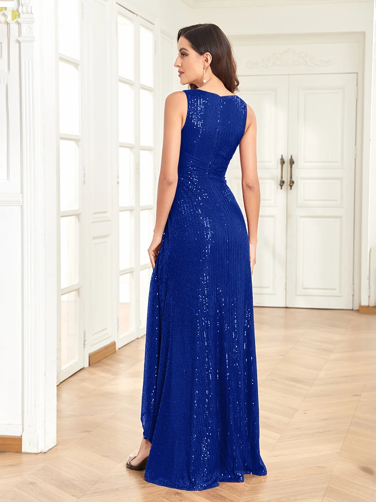 Lucyinlove Luxury Floor Length Blue Evening Dress 2024 Elegant Slit Party Women Wedding Sequins For Formal Prom Cocktail Dress