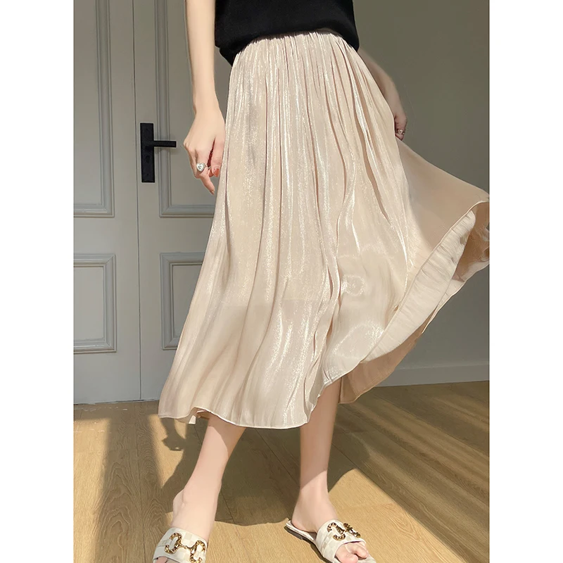 여성용 신축성 하이 웨이스트 A 라인 중간 길이 대형 스윙 스커트, 금색 원사, 얇은 백 플리츠 스커트, 여성 패션, 여름 신상