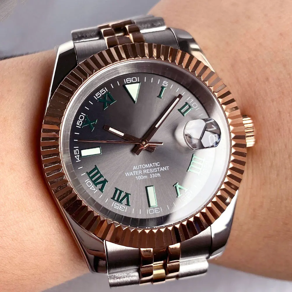 Rose Gold 36mm 39mm Sunburst Grey Dial Dark Green Roman