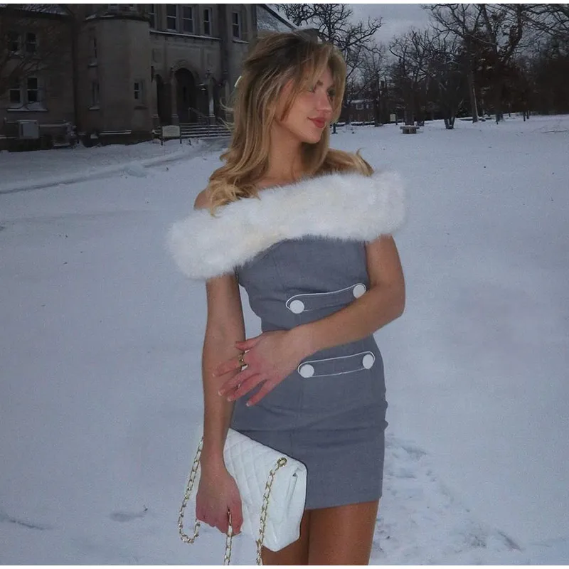 Vintage Plush Off Shoulder Mini Dresses Women Winter Faux Fur Slim Fit Button Short Dress Female Autumn Elegant Chic Evening