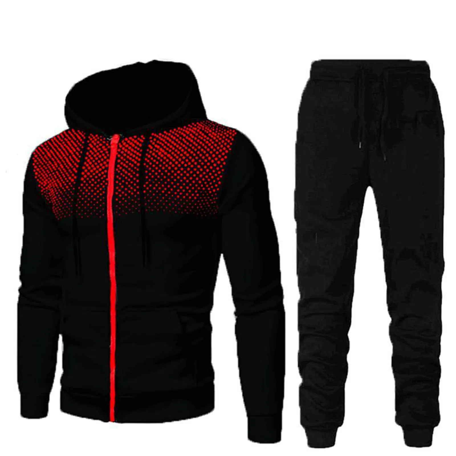 Mens Zip Up Hoodie Set Dot Hooded Pockets Cardigans Black Drawstring Sweatpants Autumn Winter Fitness 2psc Sports Tracksuit Sets