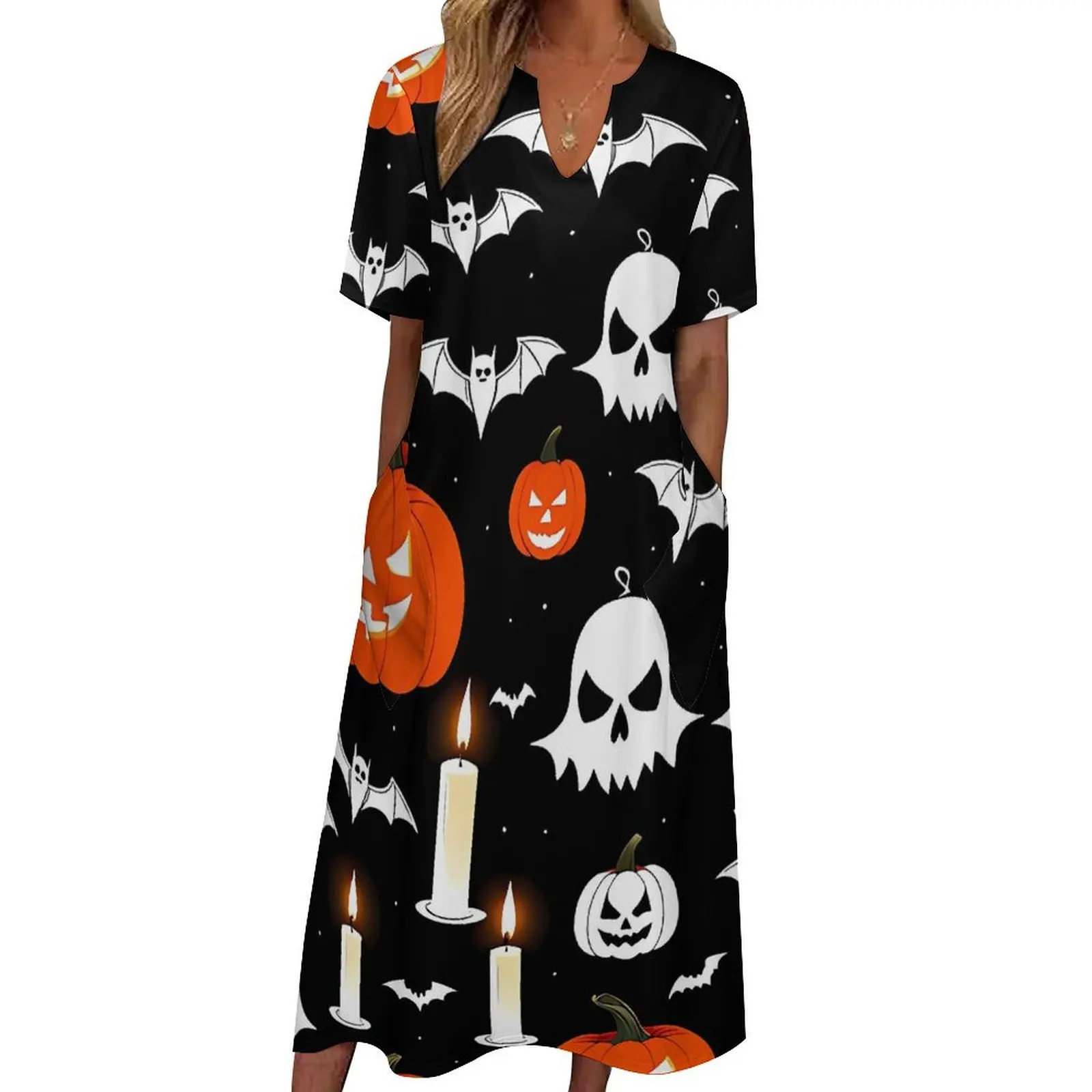 

Halloween Happy Haunts Dress Summer Pumpkins Skulls Bats Street Fashion Boho Beach Long Dresses Women Beach Maxi Dress Gift