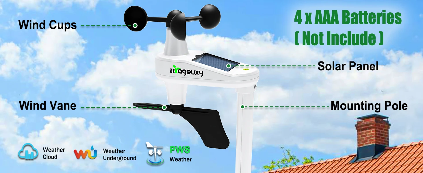 Wireless WiFi Weather Station Anemometer with Solar Wind Speed/Direction and Ind