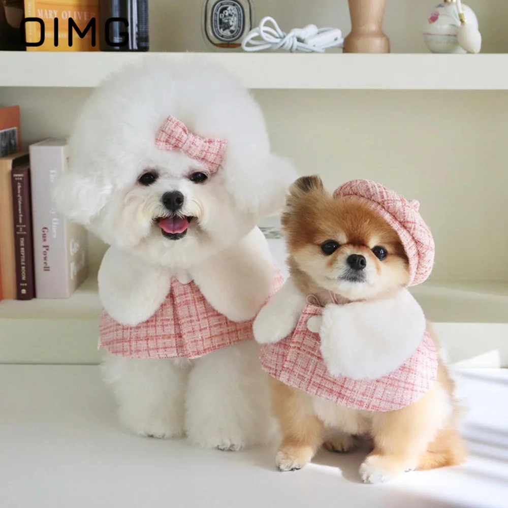 

OIMG 2023 INS Style Korean Little Fragrance New Year Pink Pet Cloak Dog Neck Bichon Pomeranian Maltese Cat Dog Hat Accessories