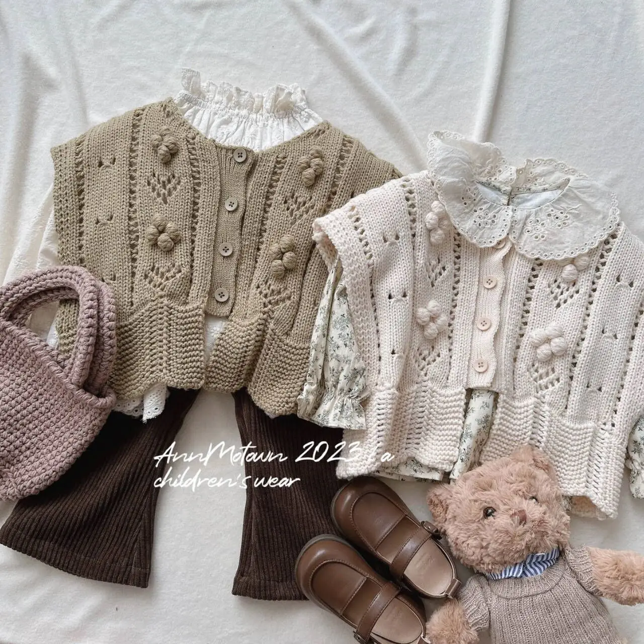 Autumn Baby Girls Waistcoat Cotton Knitted Flower Patched Single Breasted Toddler Girls Vest Children Waistcoat