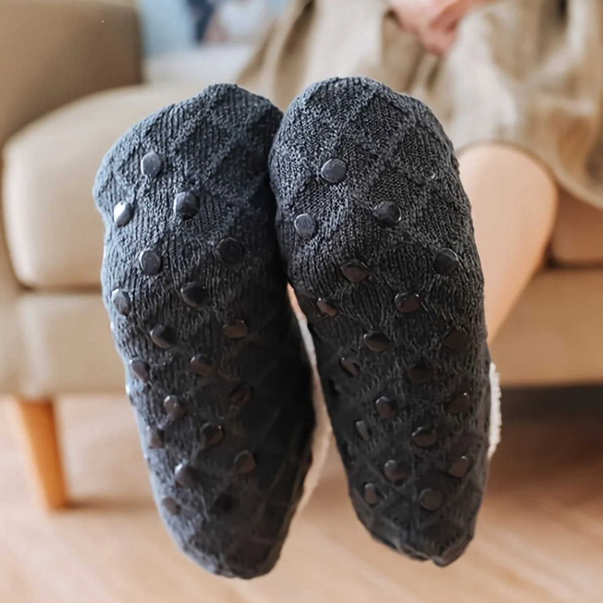 Damen warme einfarbige Bodens ocken rutsch feste Plüsch-Strick-Korallen-Fleece-Socken ohne Show-Socken – Detail 3