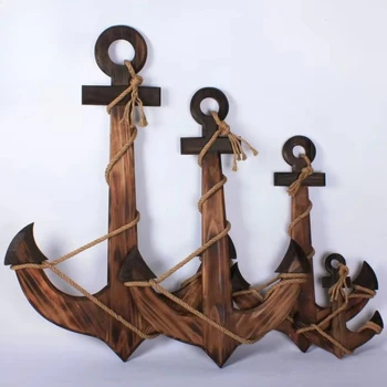 Decorazione da parete per volante in legno carbonizzato nautico, ancora in stile mediterraneo, ornamento da appendere a tema country americano