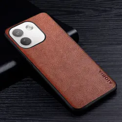 Luxury Leather Business Style Retro Litchi Pattern Back Cover for Redmi Note 17 Pro 5G (Brown)