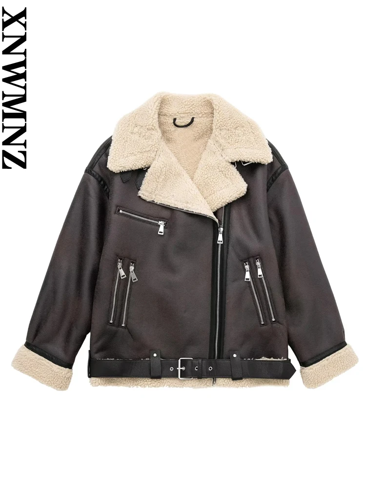 

XNWMNZ 2022 Женская мода высокого качества с поясом Толстая теплая куртка из искусственного меха пальто с длинным рукавом на молнии Зимняя женская верхняя одежда