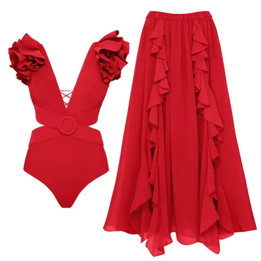 2023 New One-piece Swimsuit 3D Three-dimensional Flower Shoulder Decoration Hollow One-piece Swimsuit and Umbrella Skirt Set