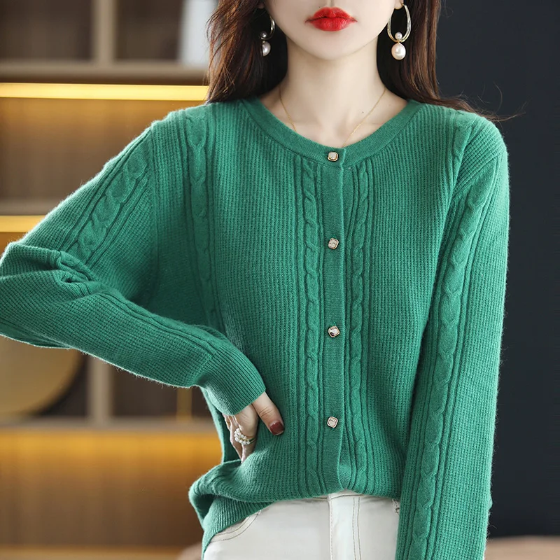 

High-end Autumn Winter New 100% Wool Cardigan Sweater Women Casual Knitted Cardigans Female Fashion O-Neck Jacket Coat 4 Colors