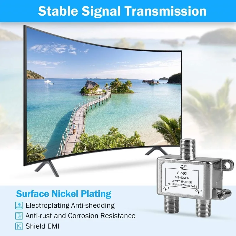 TV Splitter Digital 2-Way Coaxial Cable Splitter 5-2400MHz RG6 Compatible 2 Port Coax Splitter for Satellite Cable TV Antenna System