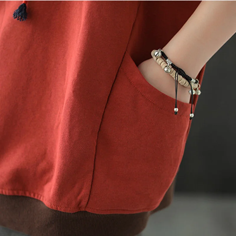 New Hoodie Women's Size Tops Autum Fashion Splicing Stand Collar Embroidery Chinese Style Sweatshirt Shirts Woman