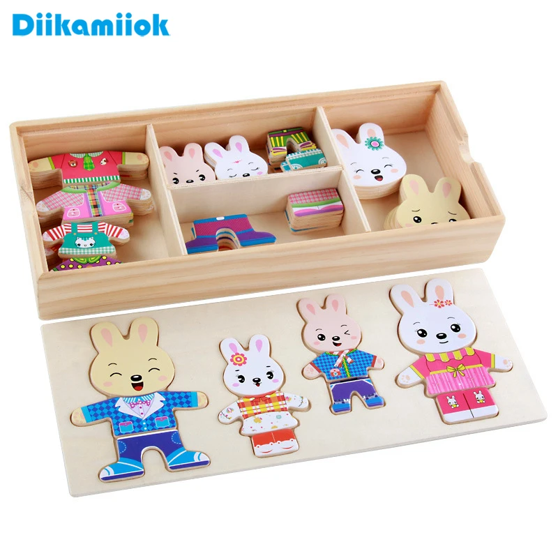 Wooden Jigsaw Puzzle Bear Rabbit Dress Changing Matching Puzzles Kids Wood Toy Baby Educational Learning Toys for Children