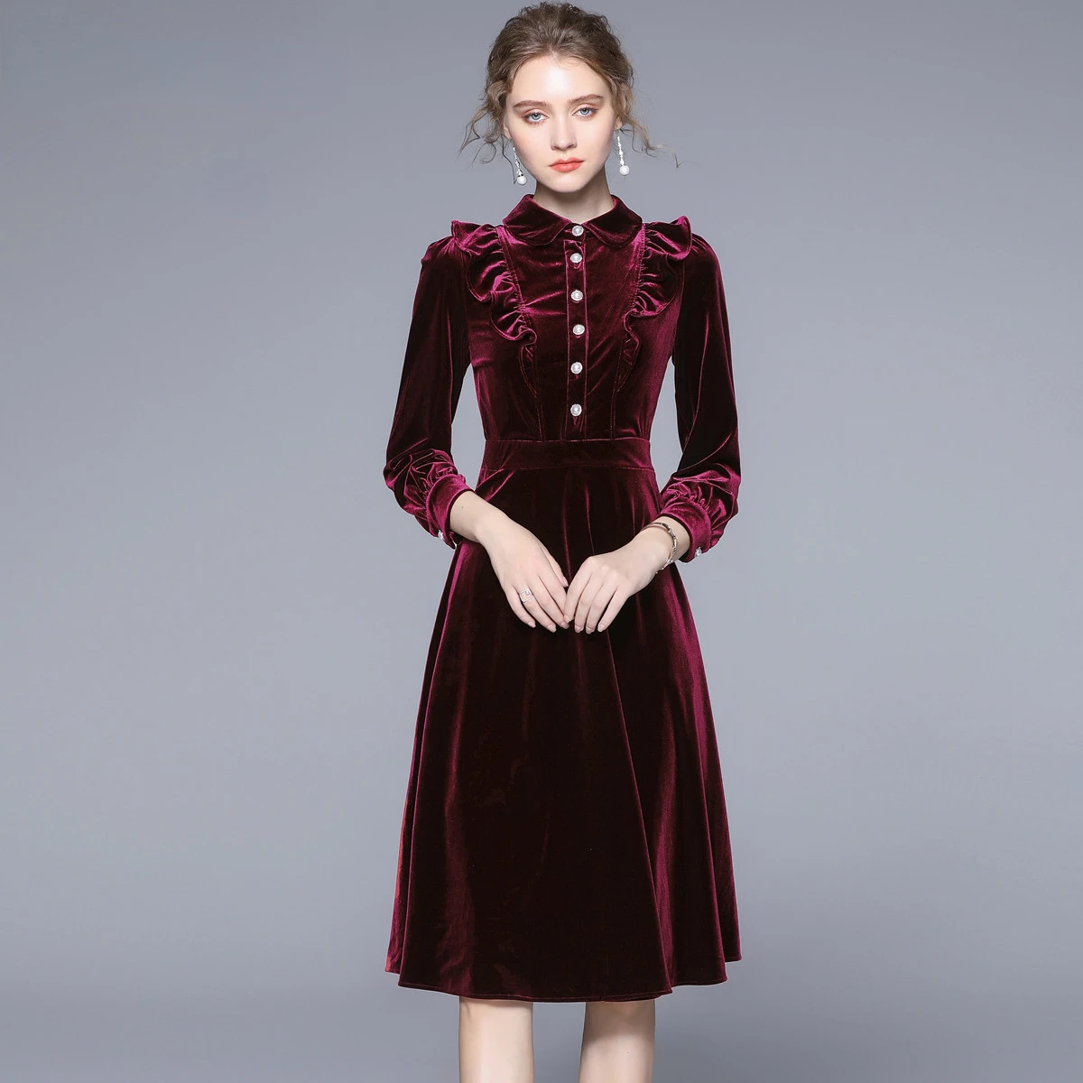 

Winter Autumn Elegant Velvet Long Midi Dress Women Doll Neck Long Sleeve Ruffle Vintagel Party Dresses