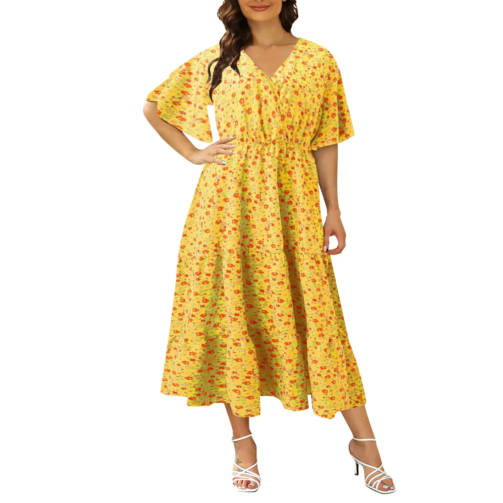 

Plus Size Women Dress Summer Boho Floral Casual Beach Long Dress V-Neck Short Sleeve Print Vintage A-Line Maxi Dress Vestidos