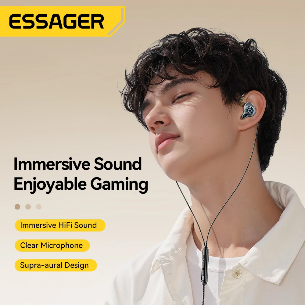 Essager USB Type C 3.5mm Game Wired Earphones In Ear HiFi Headphones Bass Stereo Game Music Earplugs Noice Cancelling Headset