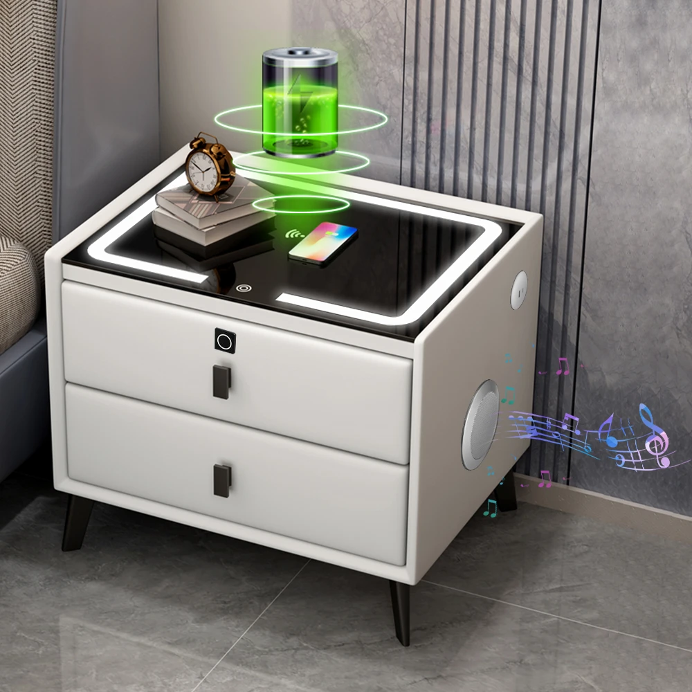 Bluetooth Bedside Table Oak Fingerprint Lock Smart Bedside Table