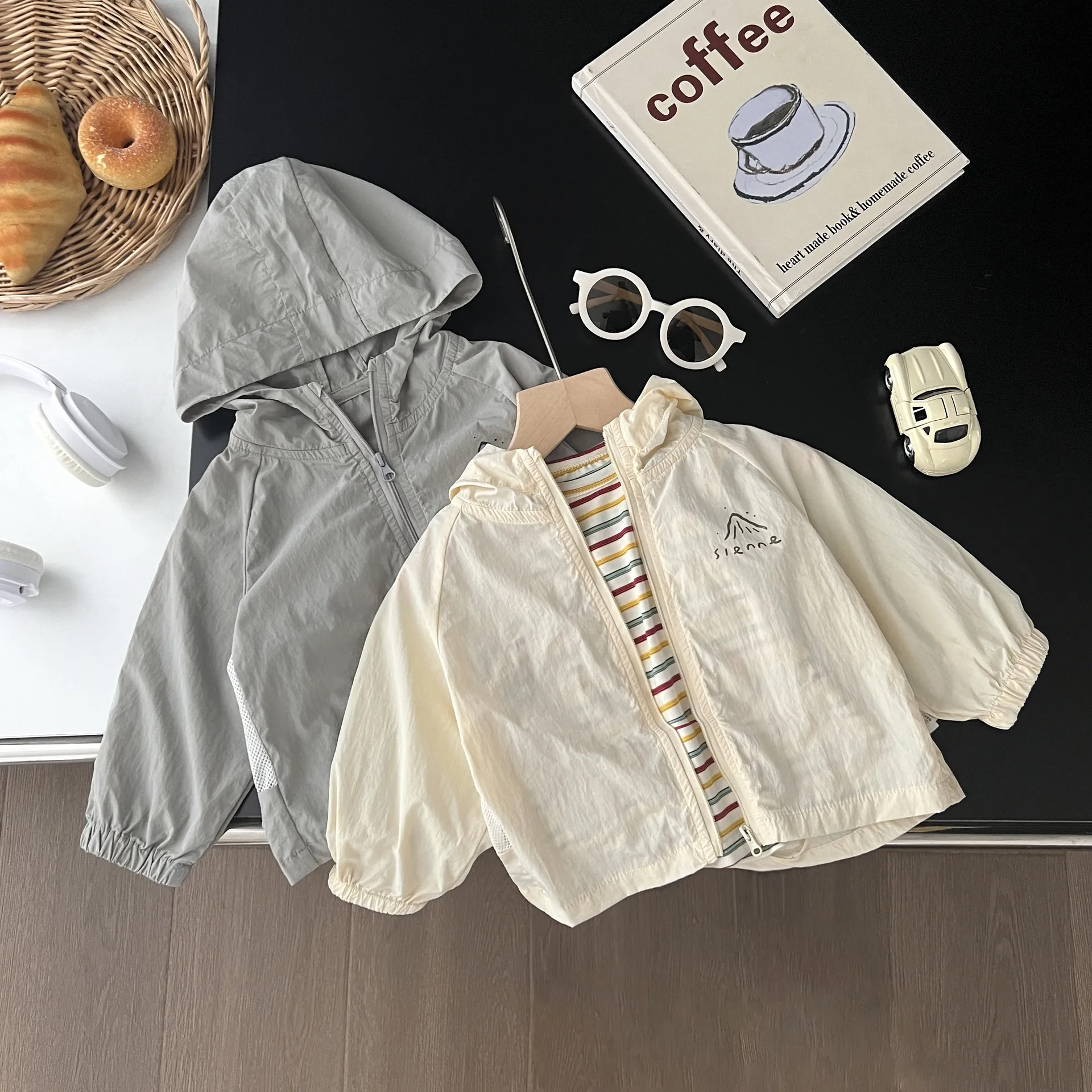 2024 여름 아동복 여아 가디건 후드 긴 소매 자외선 차단 코트, 통기성 소년 스포츠 재킷, 키즈 프린트 코튼 탑