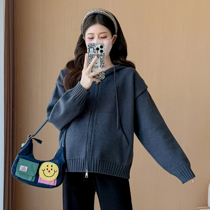 Pregnant Woman Korean Skinny Striped Sweater Cardigan Autumn Winter Casual Hoodie Jacket Maternity Outwear Stylish Coat