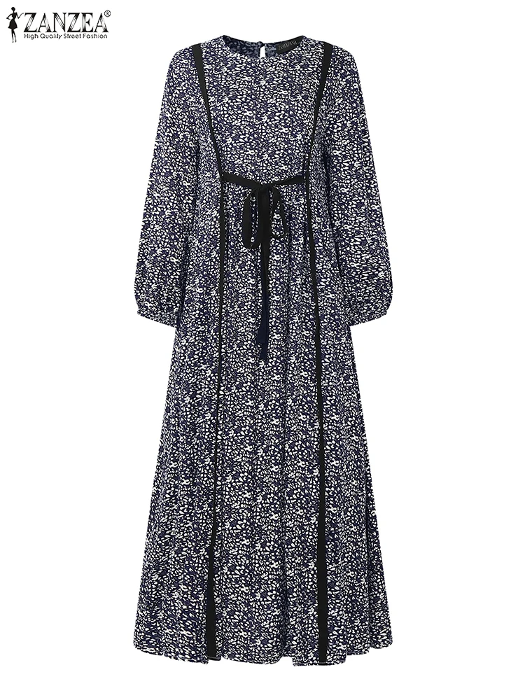 فستان طويل بنقشة ناعمة وربطة خصر – ستايل أنيق يومي