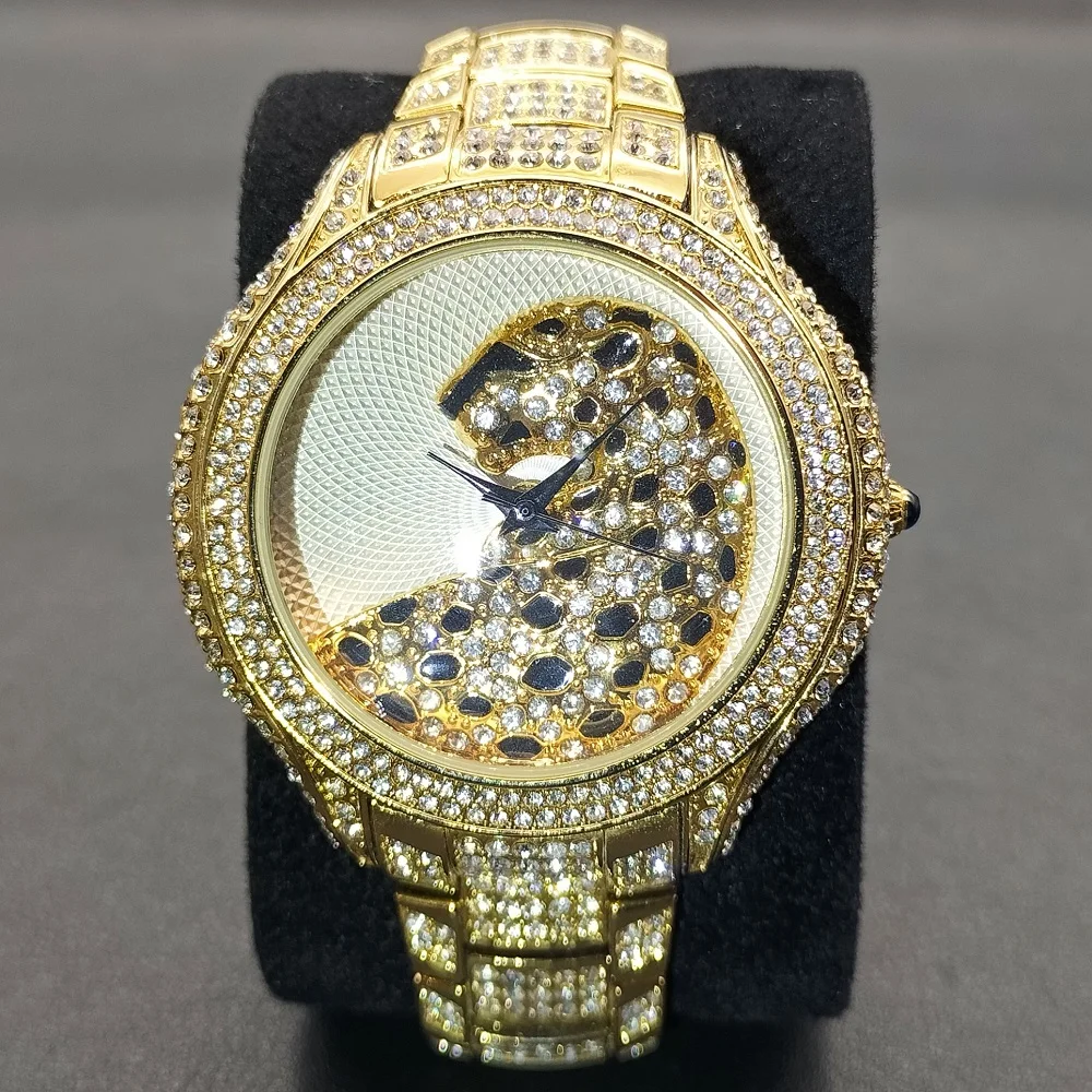 MISSFOX Orologio da uomo Hip Hop Iced Out Orologio da uomo al quarzo impermeabile con scritta Leopard Diamond Stainle Steel Gold Men'_voghion.com