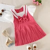 Youthful Girl s Summer Dress with Short Puff Sleeves V-Neckline and Bow Detail in A-Line Silhouette Featuring Contrast Colors 1