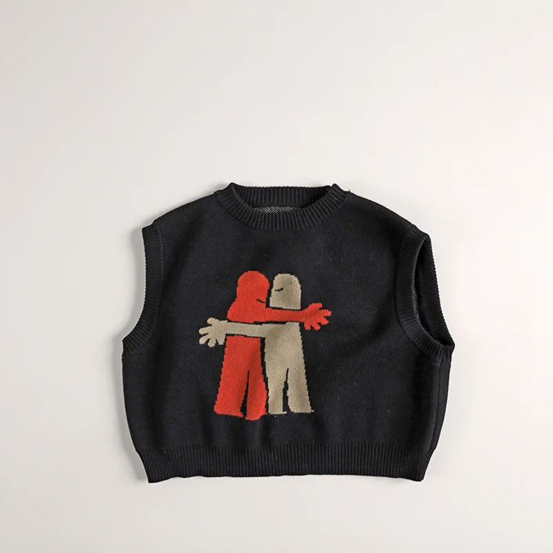 Kids Sweater Autumn Children Sleeveless Sweater Fashion Print Boys Girls Cotton Knit Vest O-neck Loose Kids Vintage Sweater