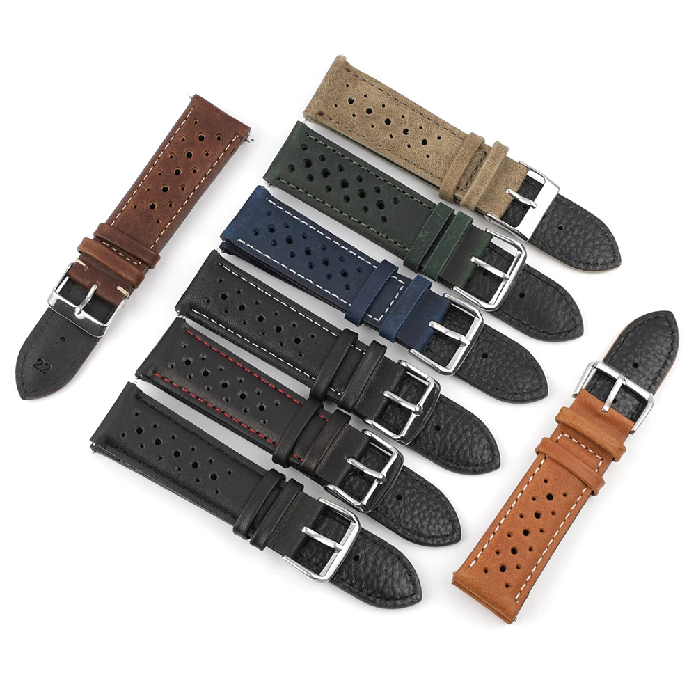 Vintage Handmade Leather Watchband - Black & Brown Breathable Strap