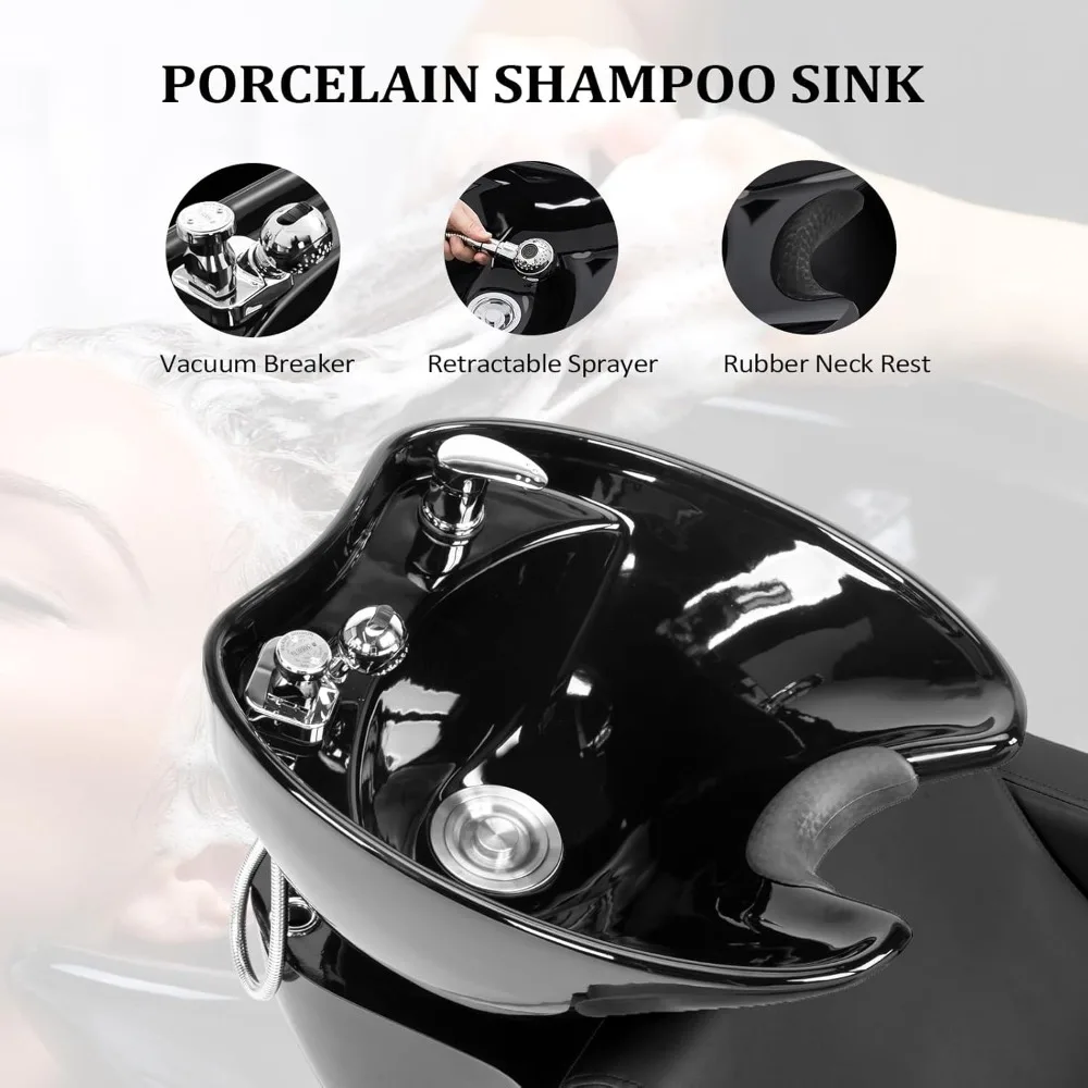 Salon Shampoo Bowl and Chair, Shampoo Chair Extra Wide Seat & Porcelain Hair Washing Sink, Unit Beauty Spa Barbershop