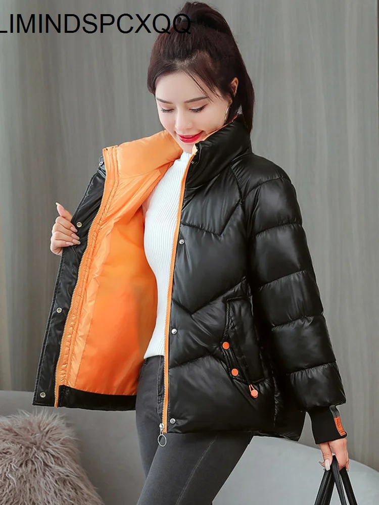 

Блестящая хлопковая одежда, короткая теплая зимняя куртка со стоячим воротником, женские зимние куртки, черные пальто 2023