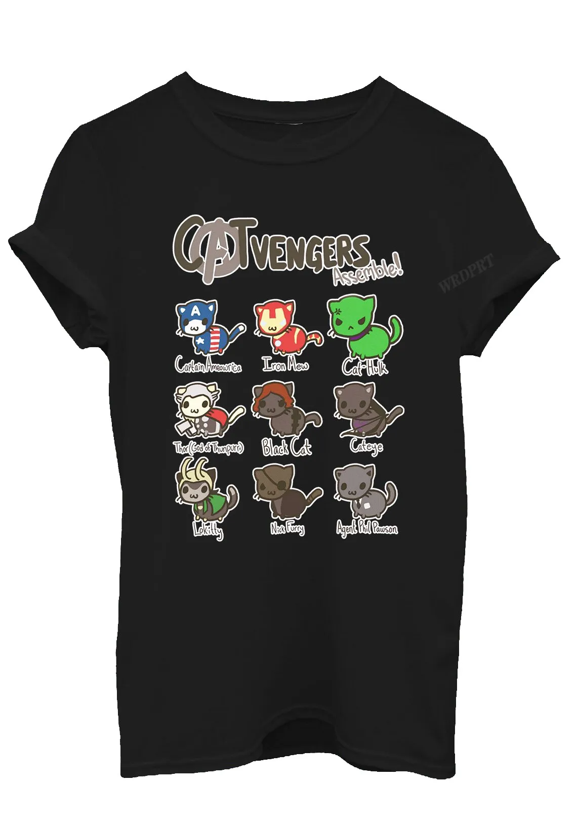 

Cat Vengers Assemble Print T Shirts Captain Ameowrica Cateye Nick Furry Unisex Tee Shirts Crew Neck Pure Cotton Tops Shirts