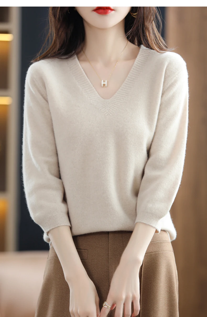 camisola de malha feminina pulôver primavera outono novo decote em casual de sete pontos de manga curta lã retro moda camiseta