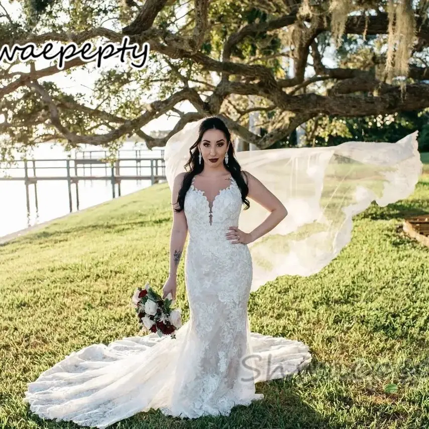 

Sexy Illusion Back Lace Mermaid Wedding Dress Long Train Boho Beach Bridal Gowns Sleeveless Summer Bride Dresses Custom Made