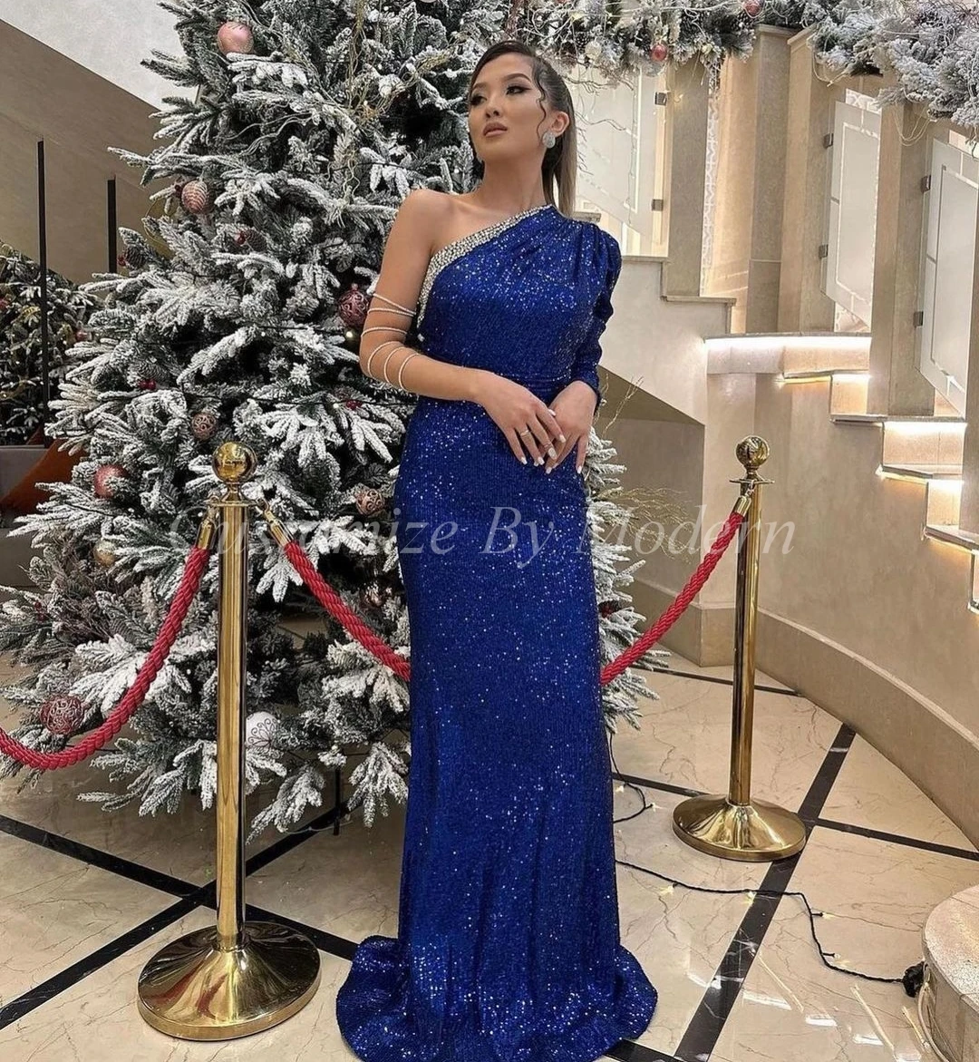 

Mermaid Long Sleeve Evening Dresses Full Sequins Beadings Floor Length Saudi Arabia Prom Gowns Formal Party Dress