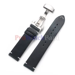 Vintage Soft Oil Wax Cowhide Watch Strap with Butterfly Buckle - Quick Release - 18mm (Dark Blue - Silver)