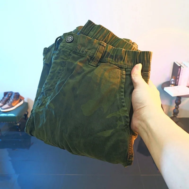 Camouflage Cargo Pants Men's 2024 New Spring Loose Straight Ankle-Tied Trendy Casual Pants American  Green Outdoor Pants
