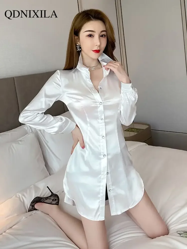 Women's Shirt & Blouse Women's Extended Version High-end Sexy Silk Mid-length Shirt  Elegant and Youth Woman Blouses