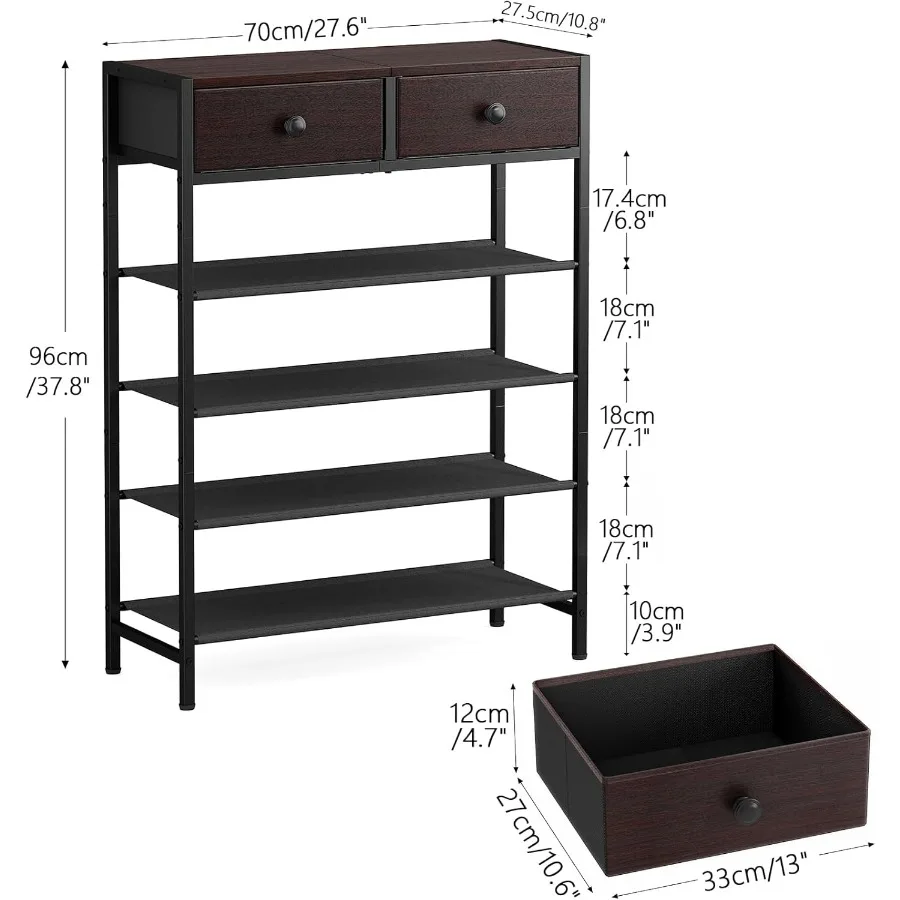 Shoe Rack 5 Tier Shoe Organizer with 2 Drawers Metal Shoe Storage for 1620 Pairs of Shoes with Fabric Shelves and Wooden Top Na