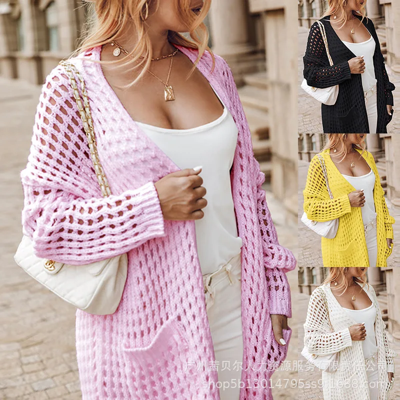 

Hollow Out Pocket Design Longline Cardigan Women Loose Open Cardigan Knitwear Solid Color