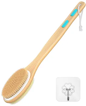Spazzola da doccia in bambù con setole morbide e rigide, manico lungo bifacciale da bagno, scrubber per la schiena, esfoliante per il corpo, spazzola bagnata o asciutta