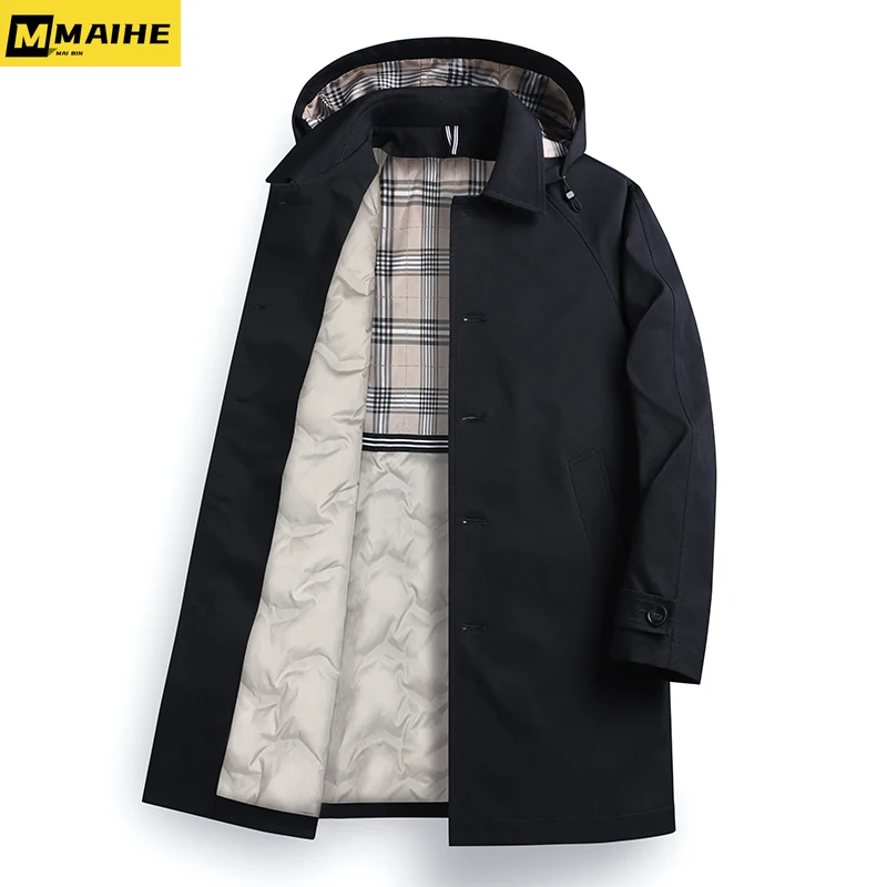 men's Windbreaker Down Jacket Men's 2023 Winter Long Detachable Cap Lapel Thick White Duck Down Warm Coat Men's Luxury Clothing