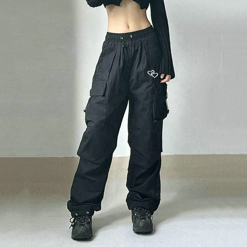 Women's heart-shaped printed pocket sports pants fashionable jogging workwear pants street sports high waisted pants