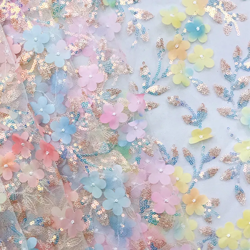 

3 yards/pack new design three-dimensional gradient color small floral mesh sequins fashion lace embroidery fabric