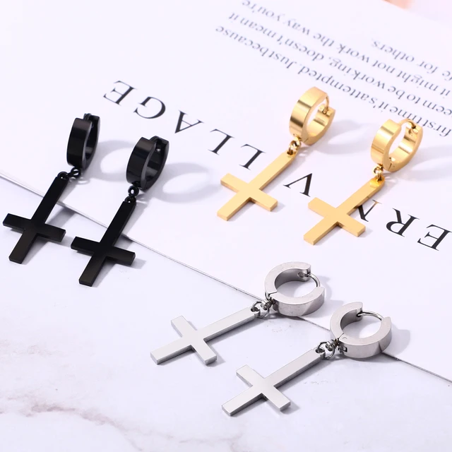 BONISKISS Men Women Stainless Steel Inverted Upside Down Cross Earring Church of Satan Temple Occult Satanic Witchy Stud Jewelry 2
