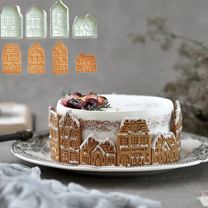 4PCS Christmas Plastic House Biscuit Mold 3D Cartoon Cookie Mold
