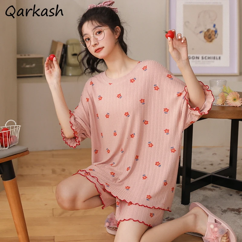 

Пижамный комплект женский с эластичным поясом, мягкая летняя одежда для сна в Корейском стиле для студентов, дизайнерская Повседневная Свободная простая розовая пижама для дома, 2 шт.