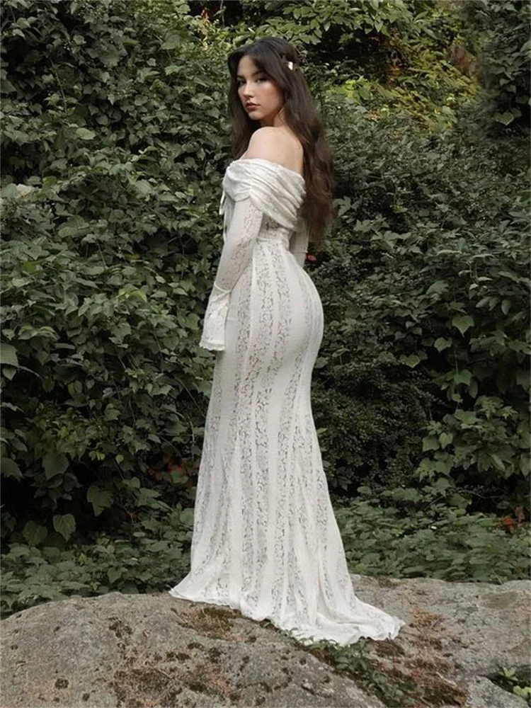 Autumn Lace Off-Shoulder Long Dress For Women See-Through Printed Lace-Up High Waist Luxury Female Elegant Party Dress New