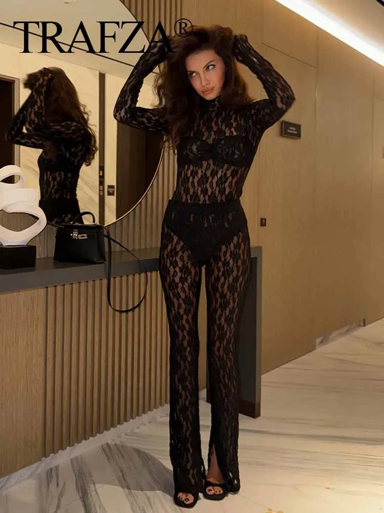 TRAFZA 2pcs Lace Pants Sets For Women Fashion Trend Hollow Out Slim Jumpsuits + Flare Pants Versatile Women's Long Leggings 3